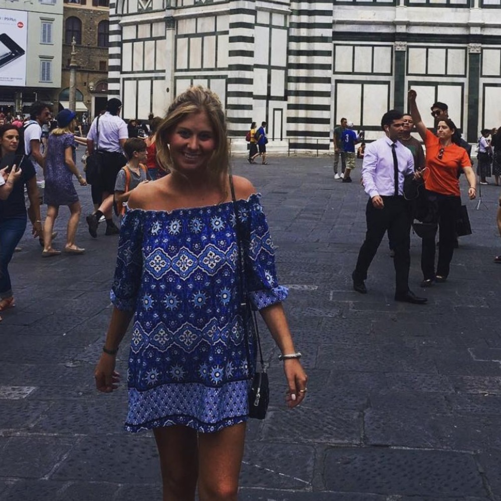 LF off shoulder blue mosaic mini dress small